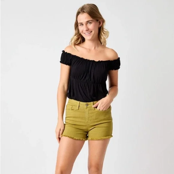 Judy Blue Mid-Rise Garment Dyed Fray Hem Shorts - Picture 2 of 3